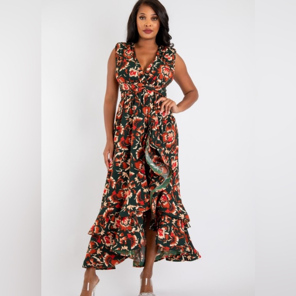 Floral High-Low Maxi Dress in Green and Red NEW